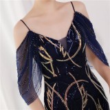 Summer Blue Sequin Strap Mermaid Long Evening Dress