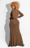 Spring Brown Deep-V Sexy Wrap Slit Long Sleeve Evening Dress