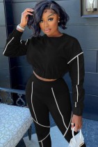 Winter Black Long Sleeve Crop Top and Pants Two Piece Set