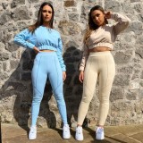Winter Blue Long Sleeve Crop Top and Pants Two Piece Set