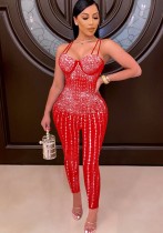 Spring Red Beading Sexy Strap Party Jumpsuit