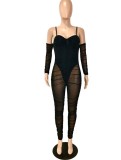 Spring Black Sexy Strap Ruched Mesh Jumpsuit