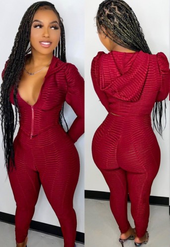 Spring Red Hooded Zipper Top and High Waist Legging Set Wholesale Yoga Clothing