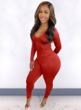 Spring Red Sexy Cut Out Scrunch Long Sleeve Party Jumpsuit