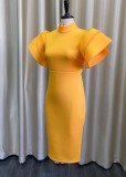 Spring Elegant Yellow Midi Neck Ruffled Short Sleeve Midi Bodycon Dress
