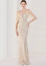 Summer Beige Sequin Strap Mermaid Long Evening Dress