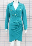 Spring Blue V-Neck Long Sleeve Wrap Office Dress