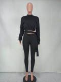 Fall Wholesale Jogger Suit Casaul Black Long Sleeve Crop Top and Match Pants Two Piece Set