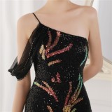 Summer Black Sequin One Shoulder Slit Long Evening Dress