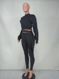 Fall Wholesale Jogger Suit Casaul Black Long Sleeve Crop Top and Match Pants Two Piece Set