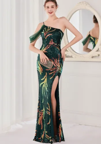 Summer Green Sequin One Shoulder Slit Long Evening Dress