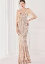 Summer Gold Sequin Strap Mermaid Long Evening Dress