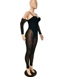 Spring Black Sexy Strap Ruched Mesh Jumpsuit