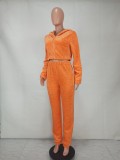 Winter Warm Orange Fleece Long Sleeve Zipper Hoody Cropped Wholesale 2 Piece Sets