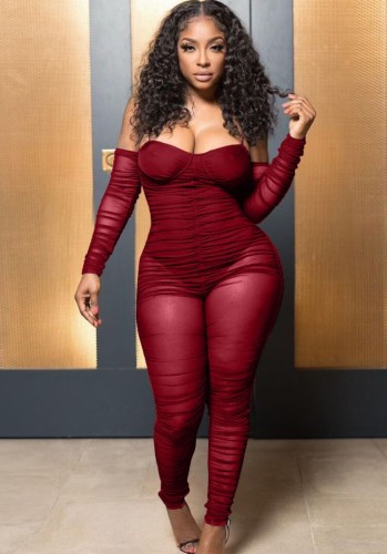 Spring Red Sexy Strap Ruched Mesh Jumpsuit