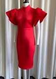 Spring Elegant Red Midi Neck Ruffled Short Sleeve Midi Bodycon Dress
