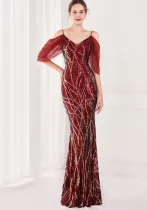 Summer Red Sequin Strap Mermaid Long Evening Dress