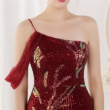 Summer Red Sequin One Shoulder Slit Long Evening Dress