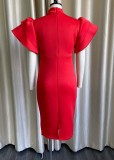 Spring Elegant Red Midi Neck Ruffled Short Sleeve Midi Bodycon Dress