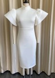 Spring Elegant White Midi Neck Ruffled Short Sleeve Midi Bodycon Dress