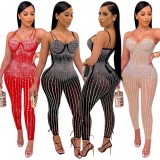 Spring Red Beading Sexy Strap Party Jumpsuit