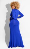 Spring Blue Deep-V Sexy Wrap Slit Long Sleeve Evening Dress