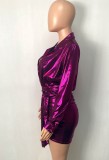 Spring Purple Deep-V Sexy Metallic Long Sleeve Mini Club Dress