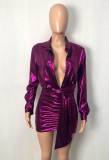 Spring Purple Deep-V Sexy Metallic Long Sleeve Mini Club Dress