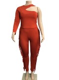 Spring Red Party Sexy One Shoulder Fringe Plus Size Jumpsuit