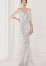 Summer White Sequin Strap Mermaid Long Evening Dress