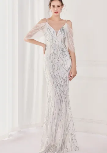 Summer White Sequin Strap Mermaid Long Evening Dress