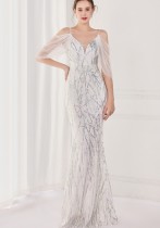 Sommer weißes Pailletten-Bügel-Meerjungfrau-langes Abendkleid