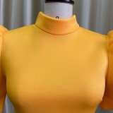 Spring Elegant Yellow Midi Neck Ruffled Short Sleeve Midi Bodycon Dress