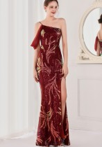 Summer Red Sequin One Shoulder Slit Long Evening Dress