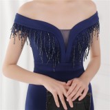 Elegant Blue Fringe Tassels Off Shoulder Formal Mermaid Evening Dress