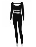 Spring Sexy Black Mesh Patch Cutout Long Sleeve Fitness Jumpsuit