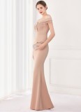 Elegant Apricot Fringe Tassels Off Shoulder Formal Mermaid Evening Dress