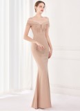Elegant Apricot Fringe Tassels Off Shoulder Formal Mermaid Evening Dress