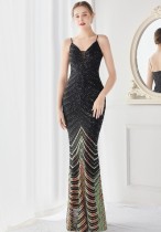 Elegant Black Shining Sequins V Neck Strapless Slim Formal Cocktail Party Evening Gown
