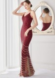 Elegant Red Shining Sequins V Neck Strapless Slim Formal Cocktail Party Gown