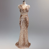 Summer Formal Gold Sequin Sleeveless V-Neck Mermaid Evening Dress