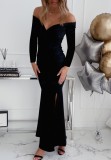 Winter Elegant Black Swewtheart Off Shoulder Long Sleeve Slit Evening Dress
