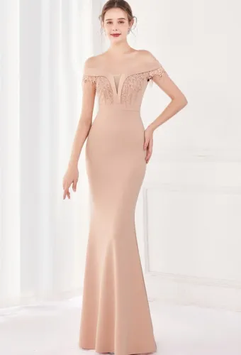 Elegant Apricot Fringe Tassels Off Shoulder Formal Mermaid Evening Dress