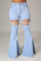 Jeans in denim svasato con lacci a vita alta azzurri casual primaverili