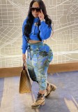 Winter Casual Blue Long Sleeve Cropped Hoodies and Printed Sweatpants Wholesale Two Piece Set