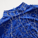 Winter Sexy Blue Beaded Velvet long Sleeve Tassels Bodycon Club Dress