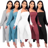 Spring Sexy White Strapless Slim Jumpsuit and Puff Sleeve Long Coat Set Cheap Wholesale Two Piece Sets