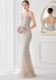 Elegant Silver Shining Sequins V Neck Strapless Slim Formal Cocktail Party Evening Gown