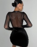 Spring Sexy Black Velvet Mesh Patch See Through Long Sleeve Bodycon Dress