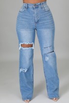 Jeans larghi con buco strappato blu a vita alta sexy primaverile